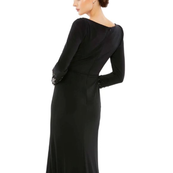 MAC DUGGAL 55712 BEADED CUFF LONG SLEEVE WRAP OVER TRUMPET BLACK GOWN sz 8 - Picture 2 of 6